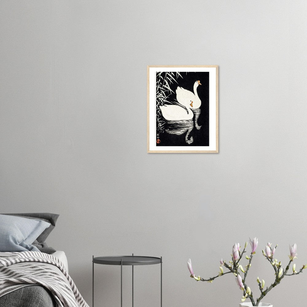 White Chinese Geese | Classic Semi - Glossy Paper Wooden Framed Poster - Lyrea