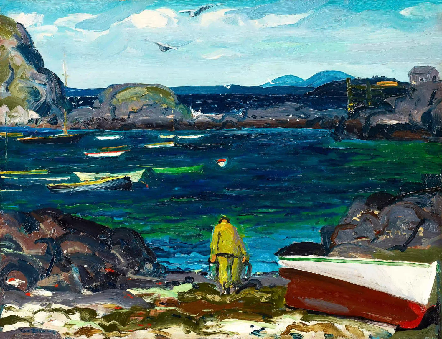 Painting named The Harbor, Monhegan Coast by George Bellows. This painting shows a man in yellow facing a deep blue coastal landscape. 