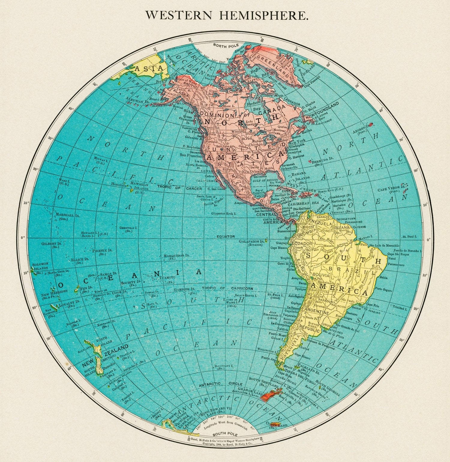 Image of Western Hemisphere from World Atlas by Rand, McNally and Co. This Image shows the globe from the point of view of the western hemisphere including the vastness of the bright blue sea.