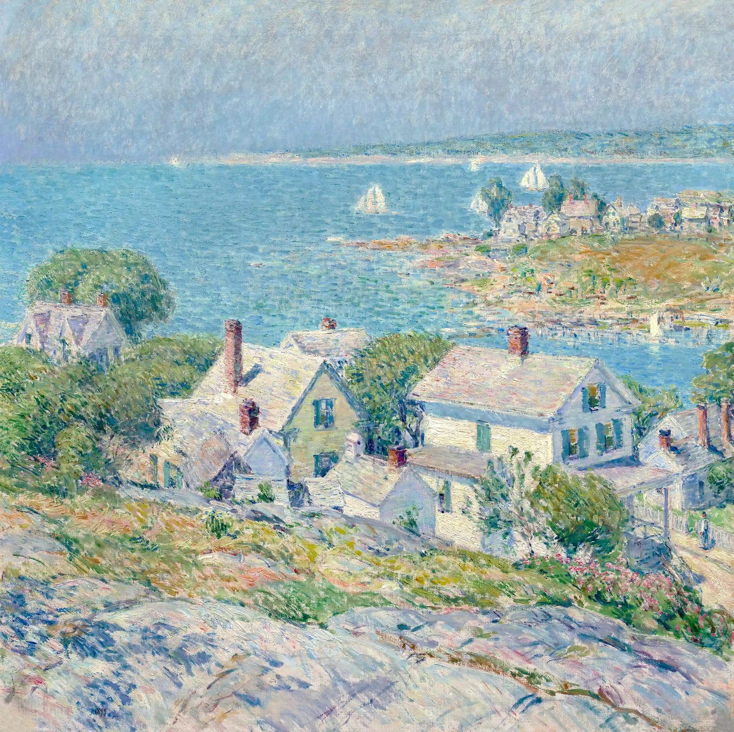 New England Headlands painting by Childe Hassam. This artwork shows the sea beyond white houses on a spring day.