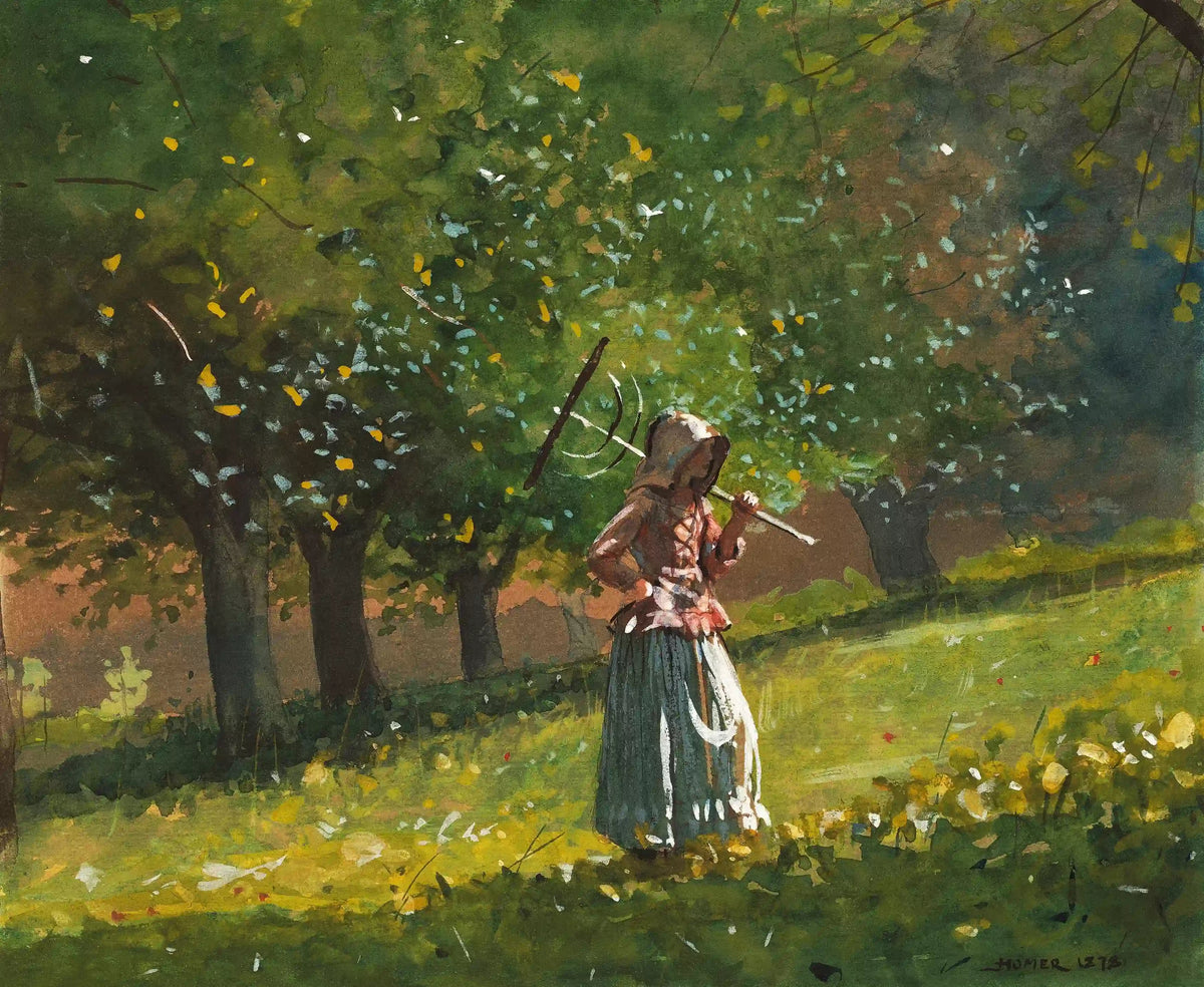 Girl with Hay Rake painting by Winslow Homer. . Showcases a girl walking on bright green grass surrounded by trees on a summer day. 