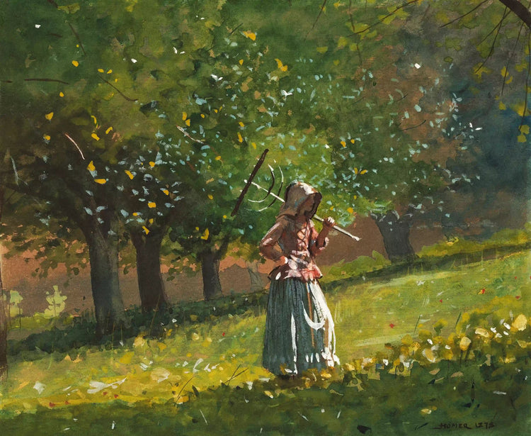 Girl with Hay Rake painting by Winslow Homer. . Showcases a girl walking on bright green grass surrounded by trees on a summer day. 