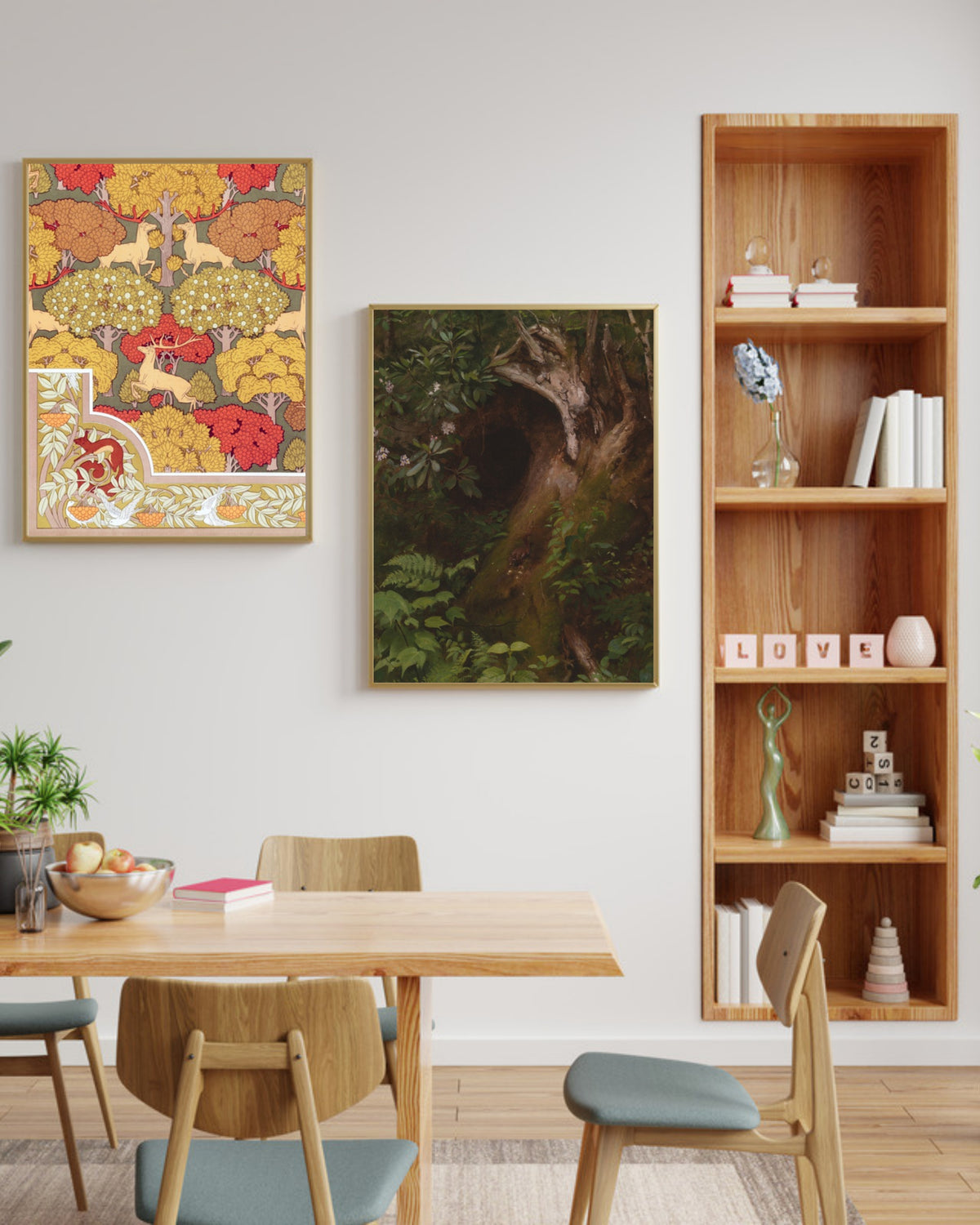 Lyrea art prints in black frames above a wood dining table with a built-in bookshelf