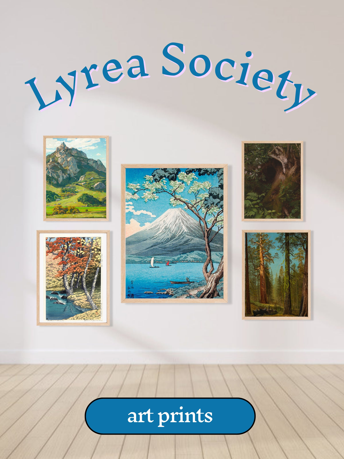 Lyrea art prints displayed gallery-wall style on a wood floor, 'Fresh Prints' graphic