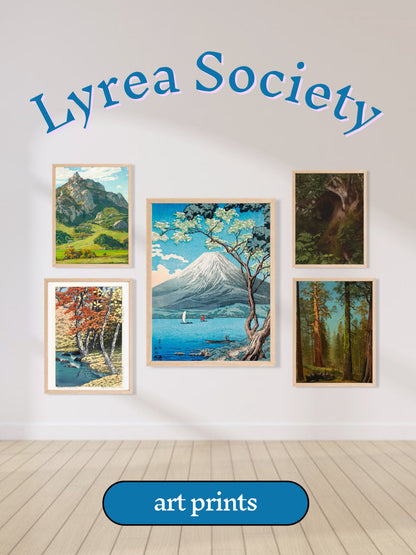 Lyrea art prints displayed gallery-wall style on a wood floor, 'Fresh Prints' graphic