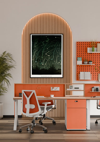 Lyrea art print in a black frame above a modern desk with an orange pegboard wall