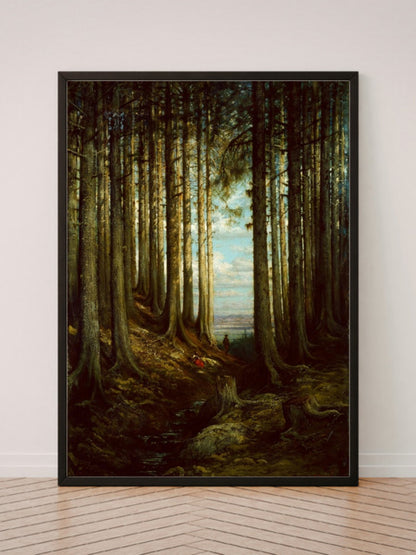 Alpine Scene art print in a black frame, leaning against a white wall on a wood floor