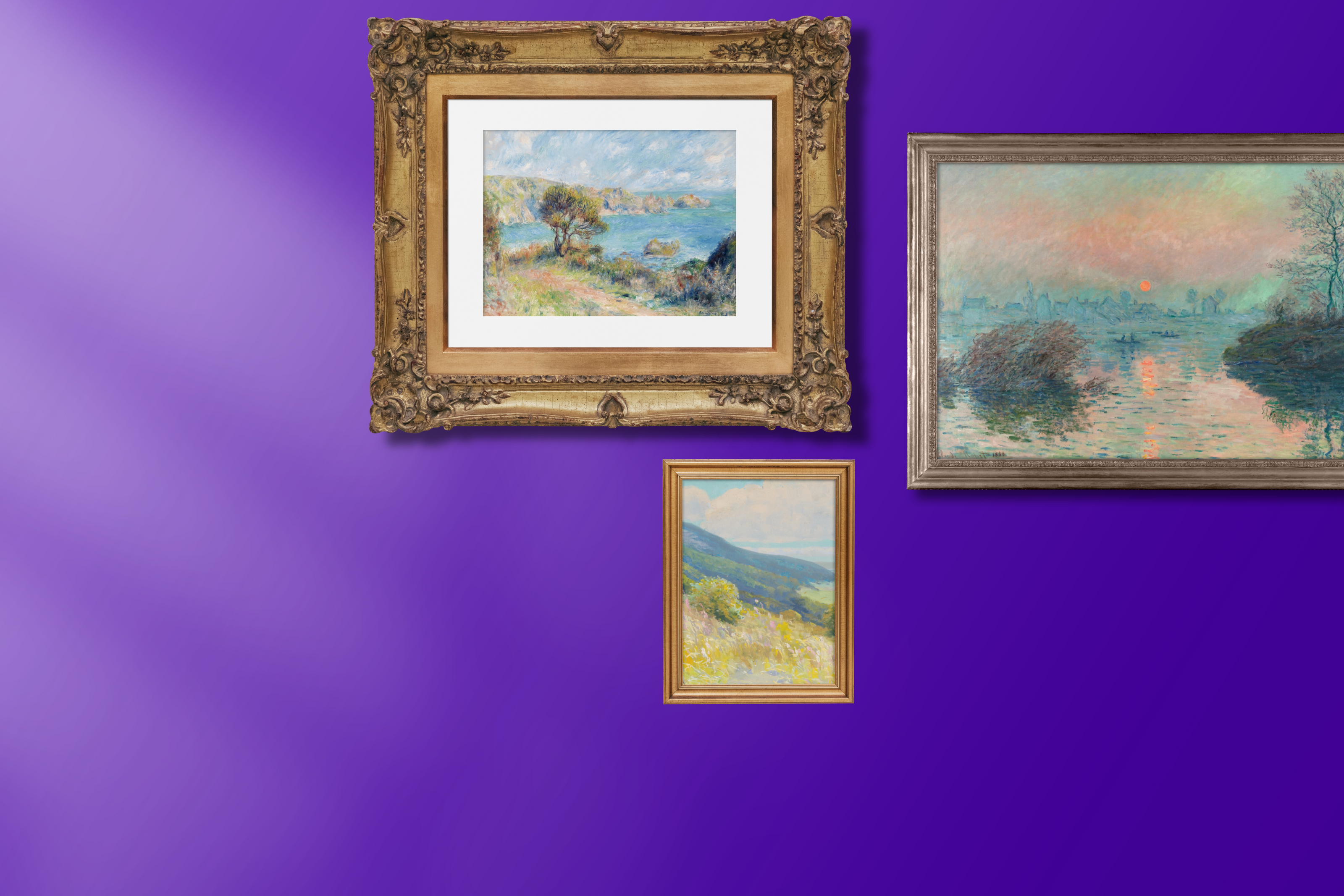 Purple wall decorated with three vintage paintings 