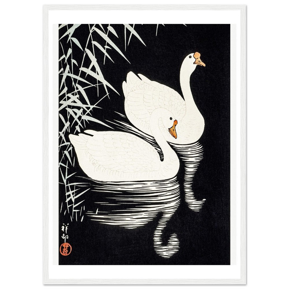 White Chinese Geese | Classic Semi - Glossy Paper Wooden Framed Poster - Lyrea