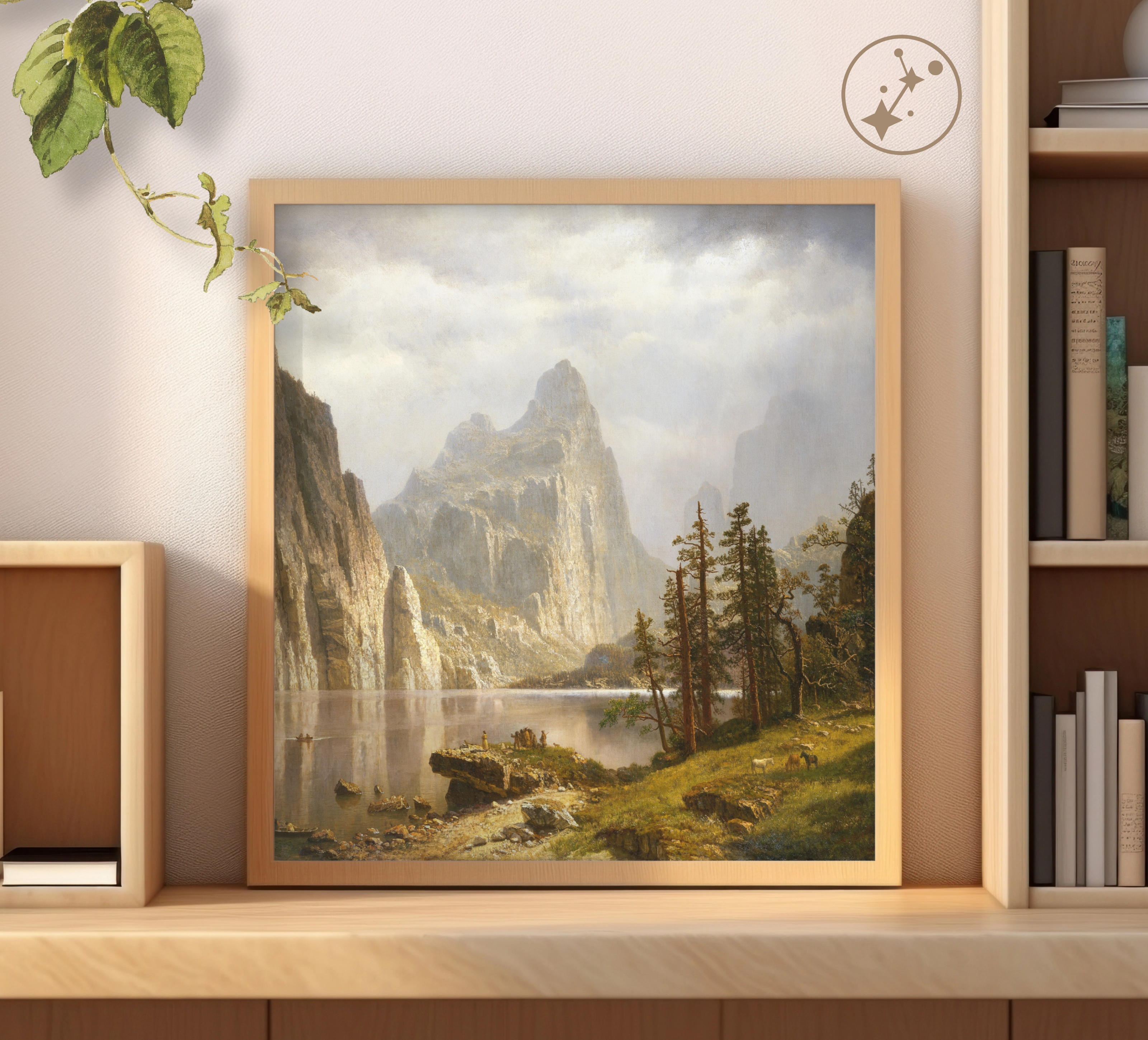Framed landscape painting of a mountain scene on a wooden shelf.