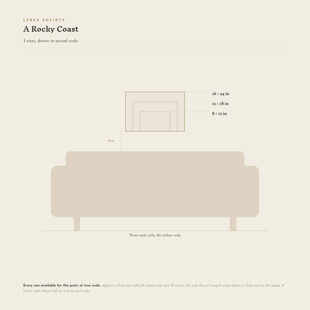 Size guide for A Rocky Coast: all 3 landscape print sizes from 8x12 to 16x24 inches, drawn to true scale against a three-seat sofa 84 inches wide.
