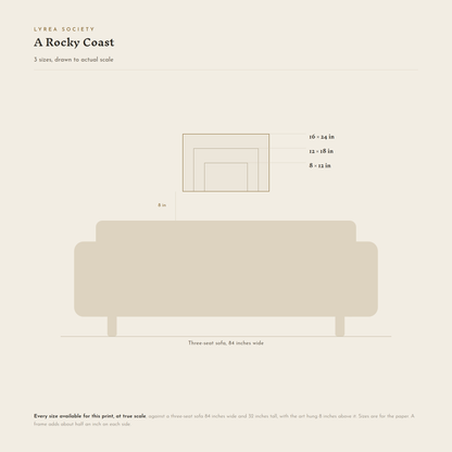 Size guide for A Rocky Coast: all 3 landscape print sizes from 8x12 to 16x24 inches, drawn to true scale against a three-seat sofa 84 inches wide.