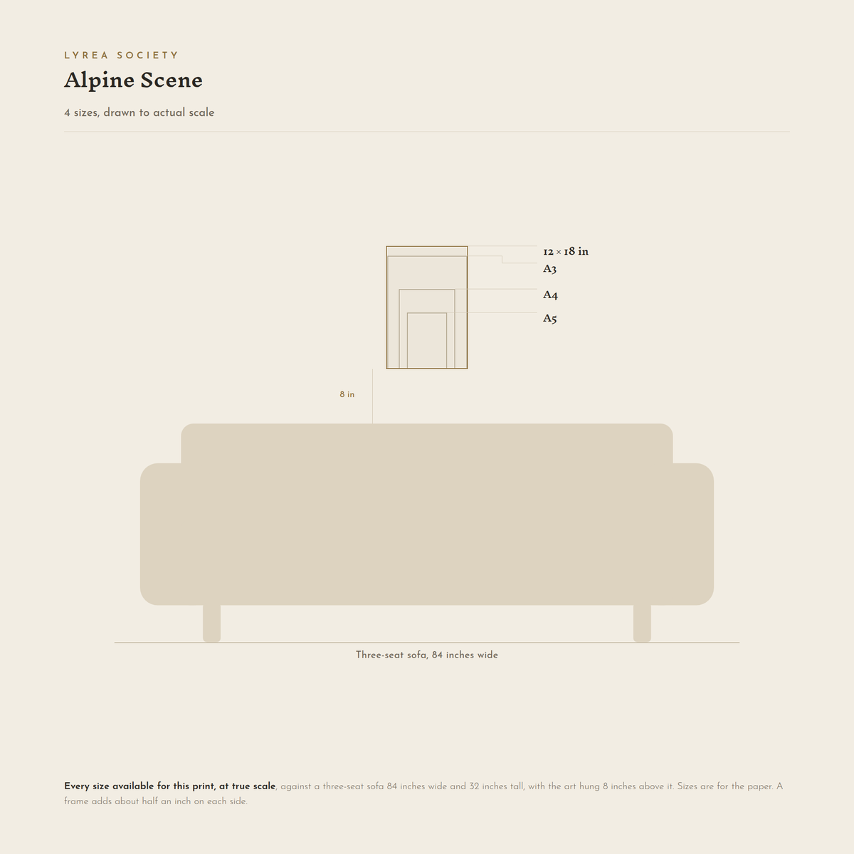 Size guide for Alpine Scene: all 4 print sizes from A5 to 12x18 inches, drawn to true scale against a three-seat sofa 84 inches wide.