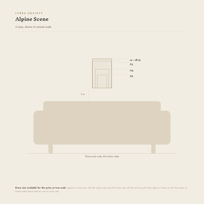 Size guide for Alpine Scene: all 4 print sizes from A5 to 12x18 inches, drawn to true scale against a three-seat sofa 84 inches wide.