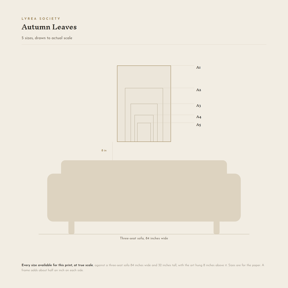 Size guide for Autumn Leaves: all 5 print sizes from A5 to A1, drawn to true scale against a three-seat sofa 84 inches wide.