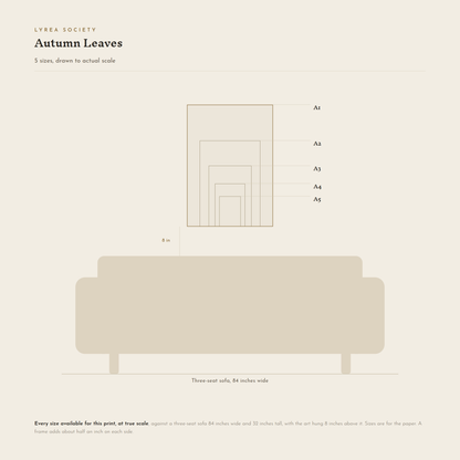 Size guide for Autumn Leaves: all 5 print sizes from A5 to A1, drawn to true scale against a three-seat sofa 84 inches wide.