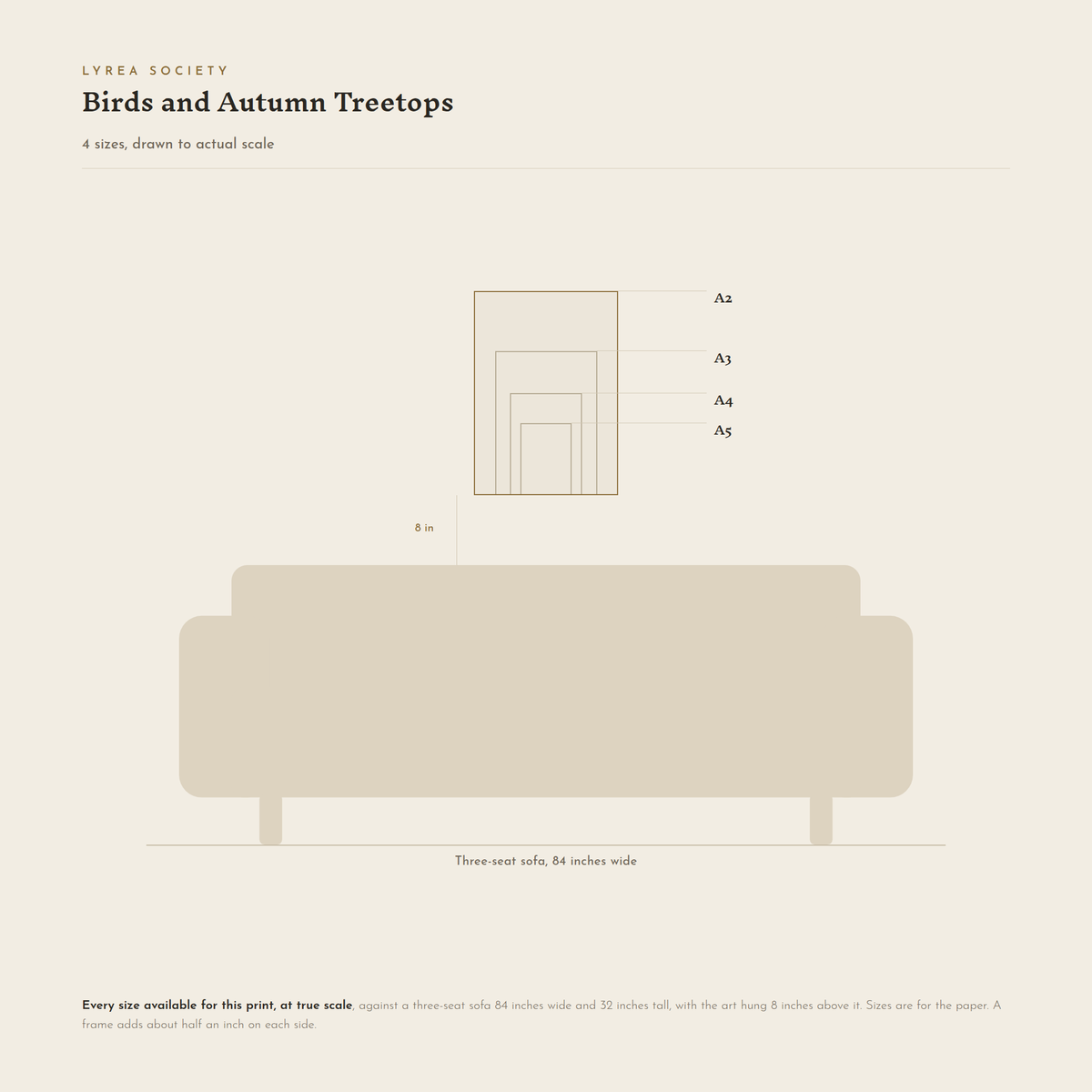 Size guide for Birds and Autumn Treetops: all 4 print sizes from A5 to A2, drawn to true scale against a three-seat sofa 84 inches wide.