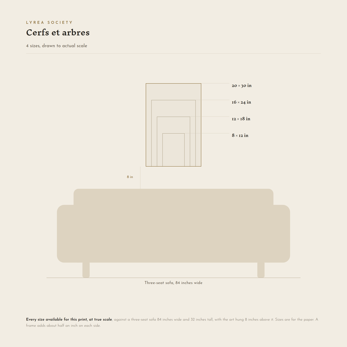 Size guide for Cerfs et arbres: all 4 print sizes from 8x12 to 20x30 inches, drawn to true scale against a three-seat sofa 84 inches wide.