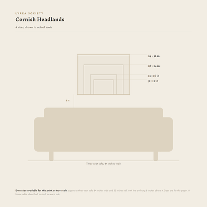 Size guide for Cornish Headlands: all 4 landscape print sizes from 9x12 to 24x32 inches, drawn to true scale against a three-seat sofa 84 inches wide.