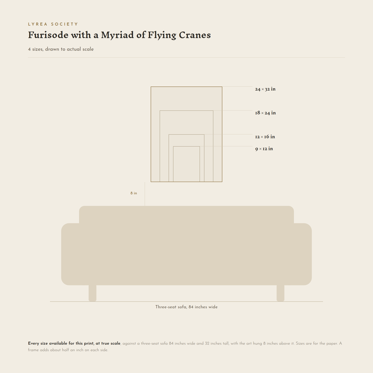 Size guide for Furisode with a Myriad of Flying Cranes: all 4 print sizes from 9x12 to 24x32 inches, drawn to true scale against a three-seat sofa 84 inches wide.