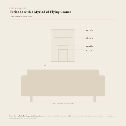 Size guide for Furisode with a Myriad of Flying Cranes: all 4 print sizes from 9x12 to 24x32 inches, drawn to true scale against a three-seat sofa 84 inches wide.