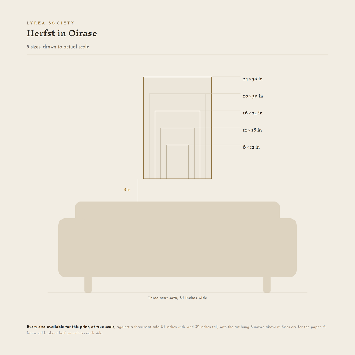 Size guide for Herfst in Oirase: all 5 print sizes from 8x12 to 24x36 inches, drawn to true scale against a three-seat sofa 84 inches wide.