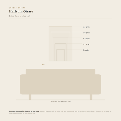 Size guide for Herfst in Oirase: all 5 print sizes from 8x12 to 24x36 inches, drawn to true scale against a three-seat sofa 84 inches wide.