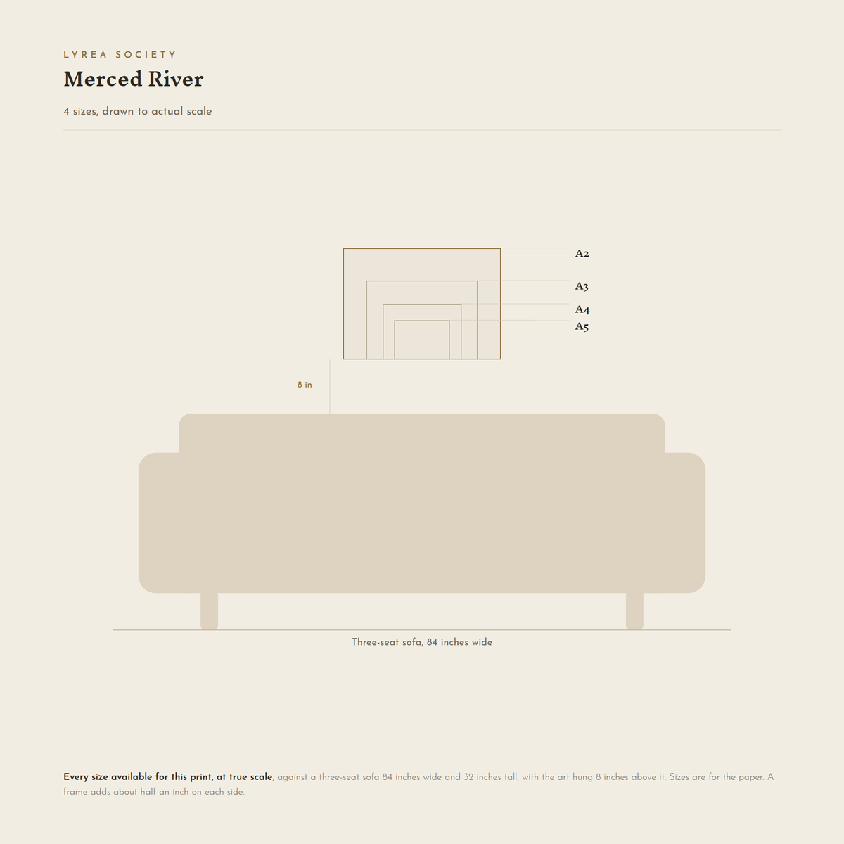 Size guide for Merced River: all 4 landscape print sizes from A5 to A2, drawn to true scale against a three-seat sofa 84 inches wide.