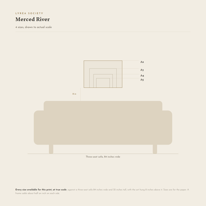 Size guide for Merced River: all 4 landscape print sizes from A5 to A2, drawn to true scale against a three-seat sofa 84 inches wide.