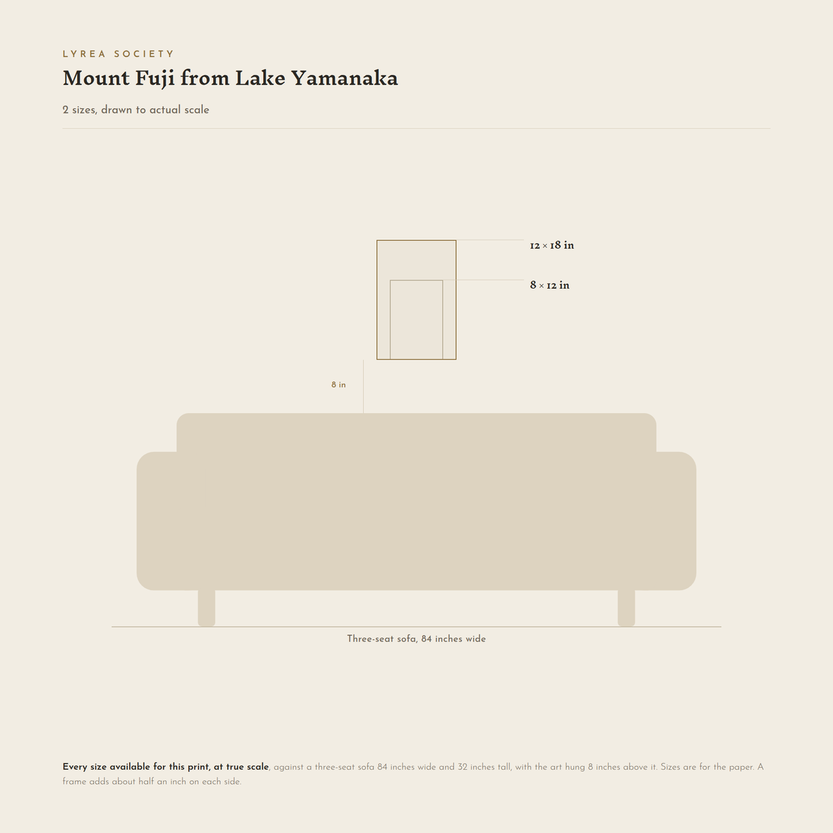 Size guide for Mount Fuji from Lake Yamanaka: both print sizes, 8x12 and 12x18 inches, drawn to true scale against a three-seat sofa 84 inches wide.