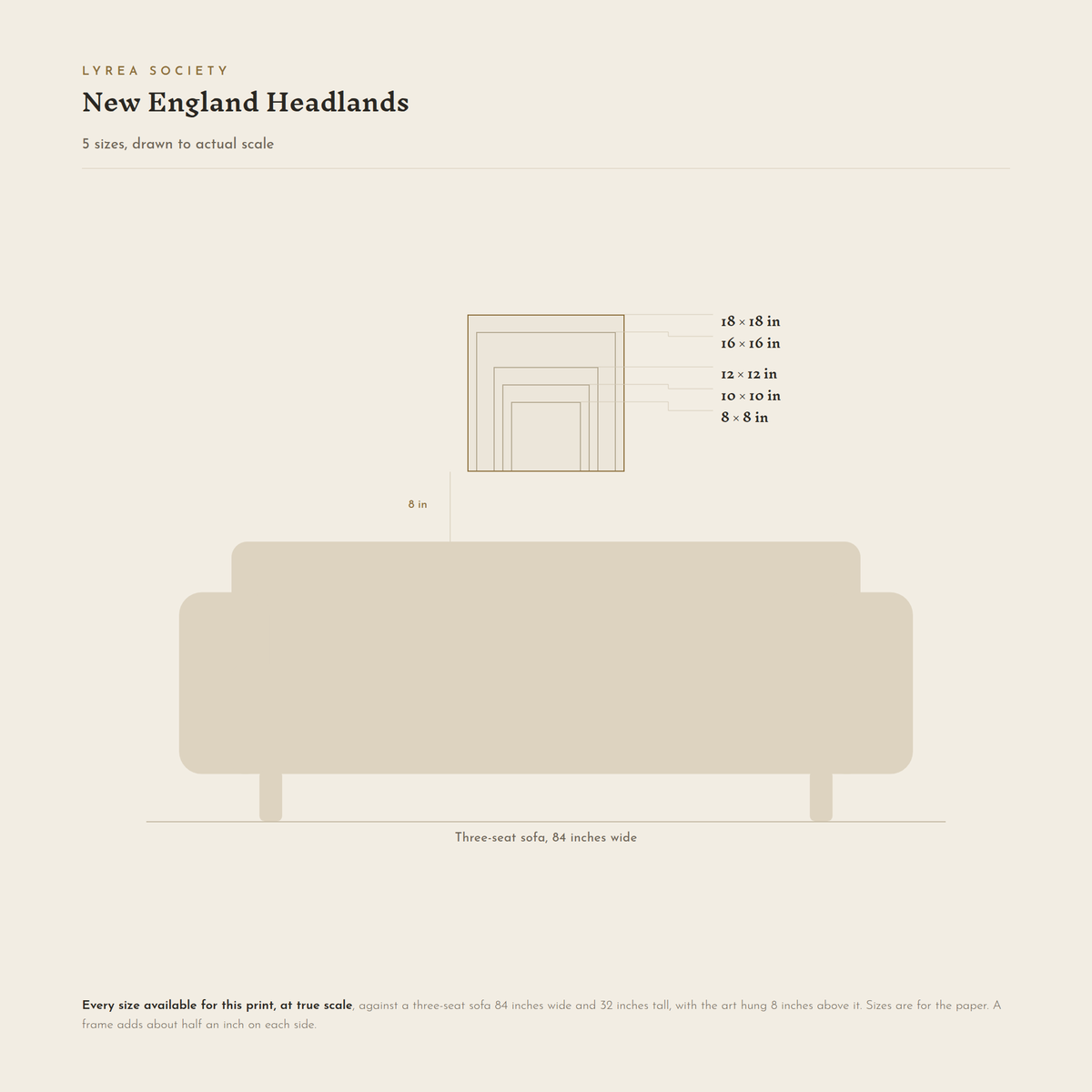 Size guide for New England Headlands: all 5 square print sizes from 8x8 to 18x18 inches, drawn to true scale against a three-seat sofa 84 inches wide.