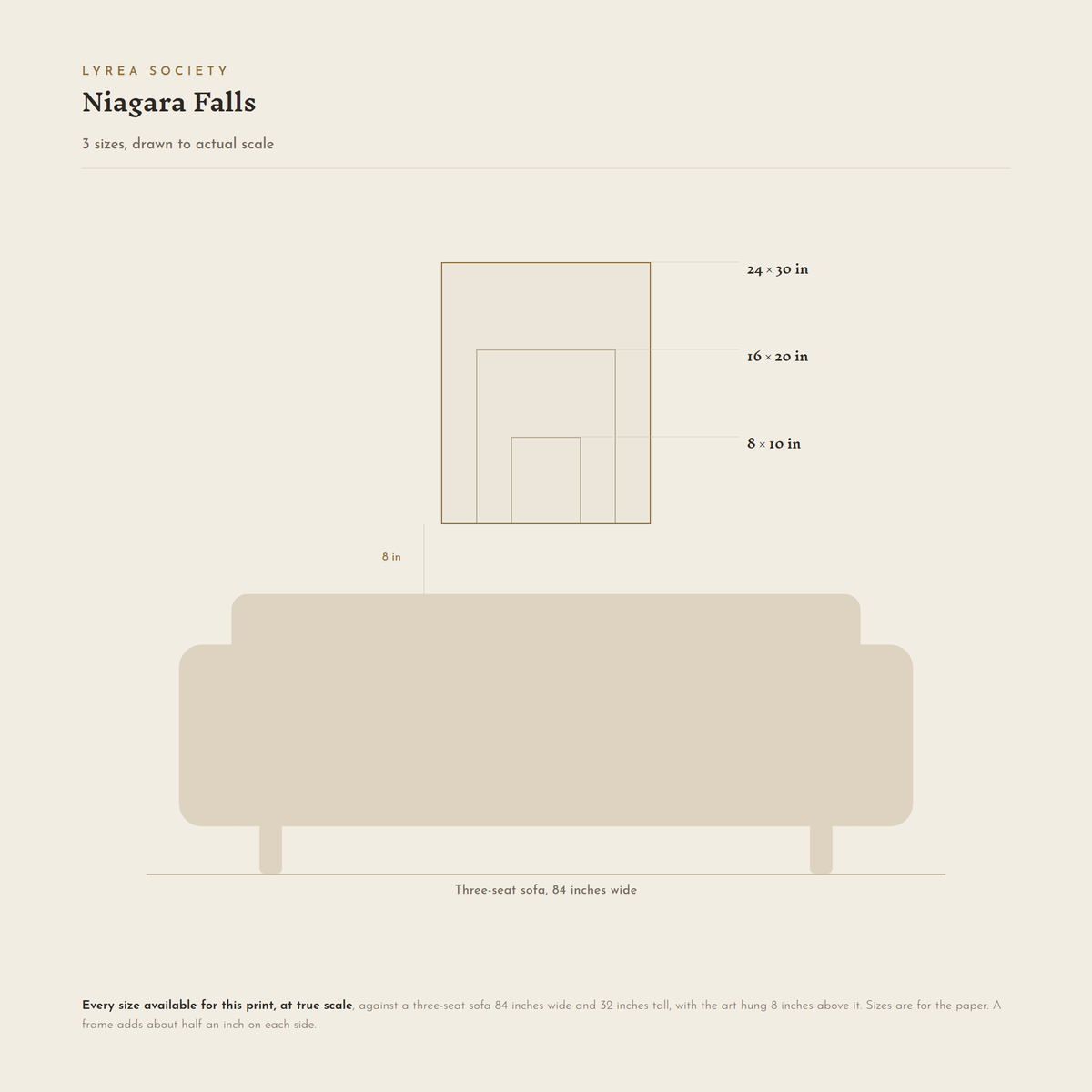 Size guide for Niagara Falls: 8x10, 16x20 and 24x30 inch prints drawn to true scale against a three-seat sofa 84 inches wide.