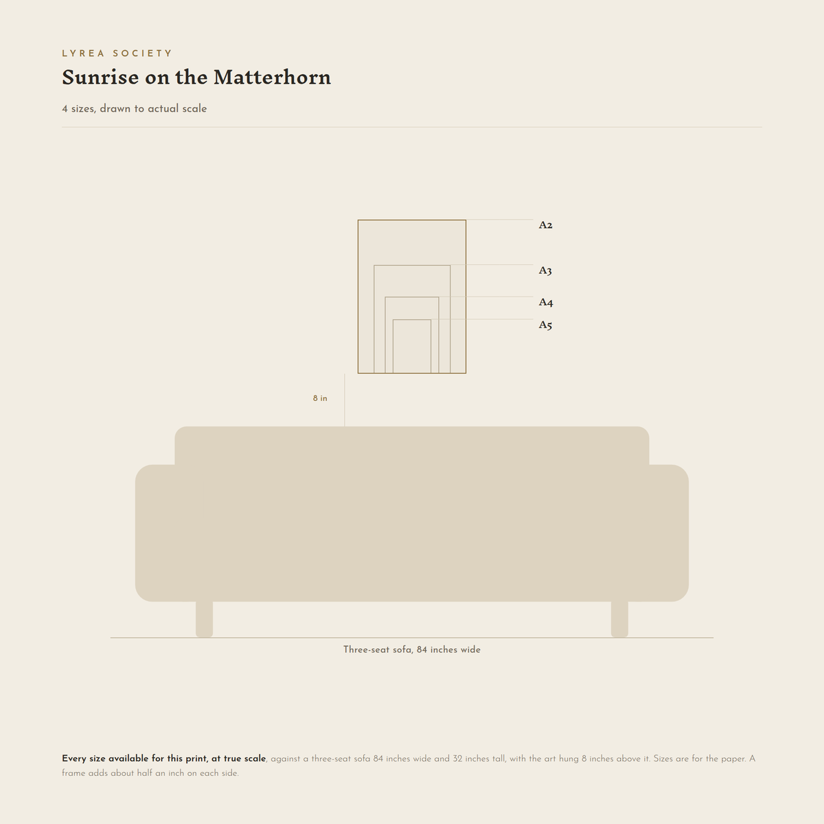 Size guide for Sunrise on the Matterhorn: all 4 print sizes from A5 to A2, drawn to true scale against a three-seat sofa 84 inches wide.