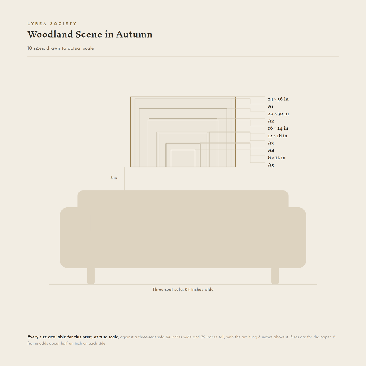 Size guide for Woodland Scene in Autumn: all 10 landscape print sizes from A5 to 24x36 inches, drawn to true scale against a three-seat sofa 84 inches wide.