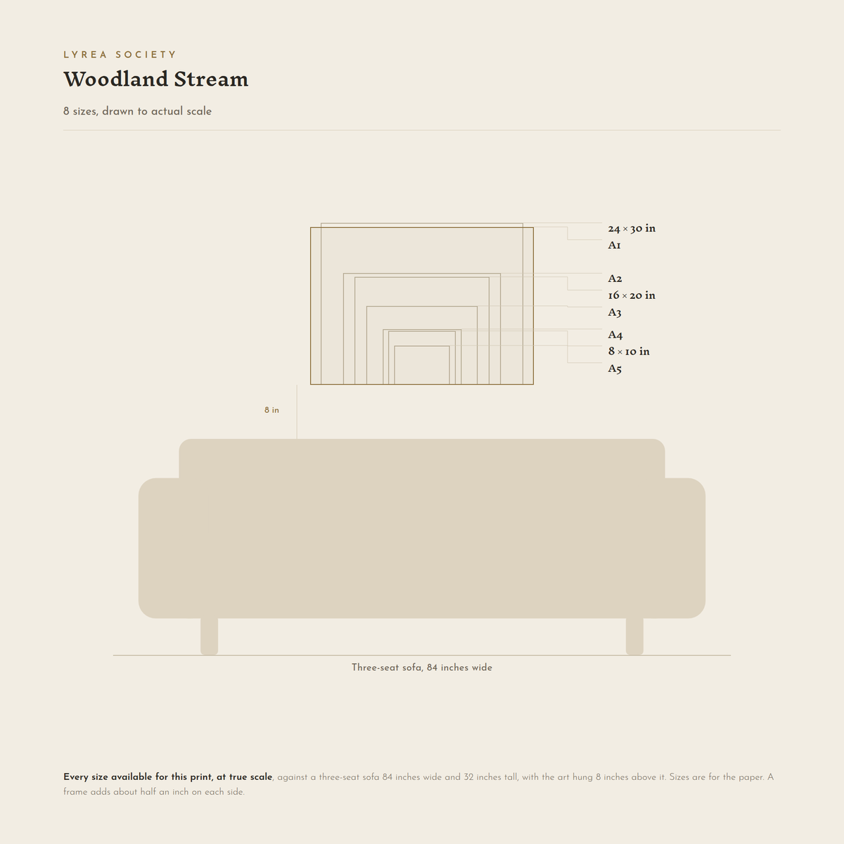 Size guide for Woodland Stream: all 8 landscape print sizes from A5 to 24x30 inches, drawn to true scale against a three-seat sofa 84 inches wide.