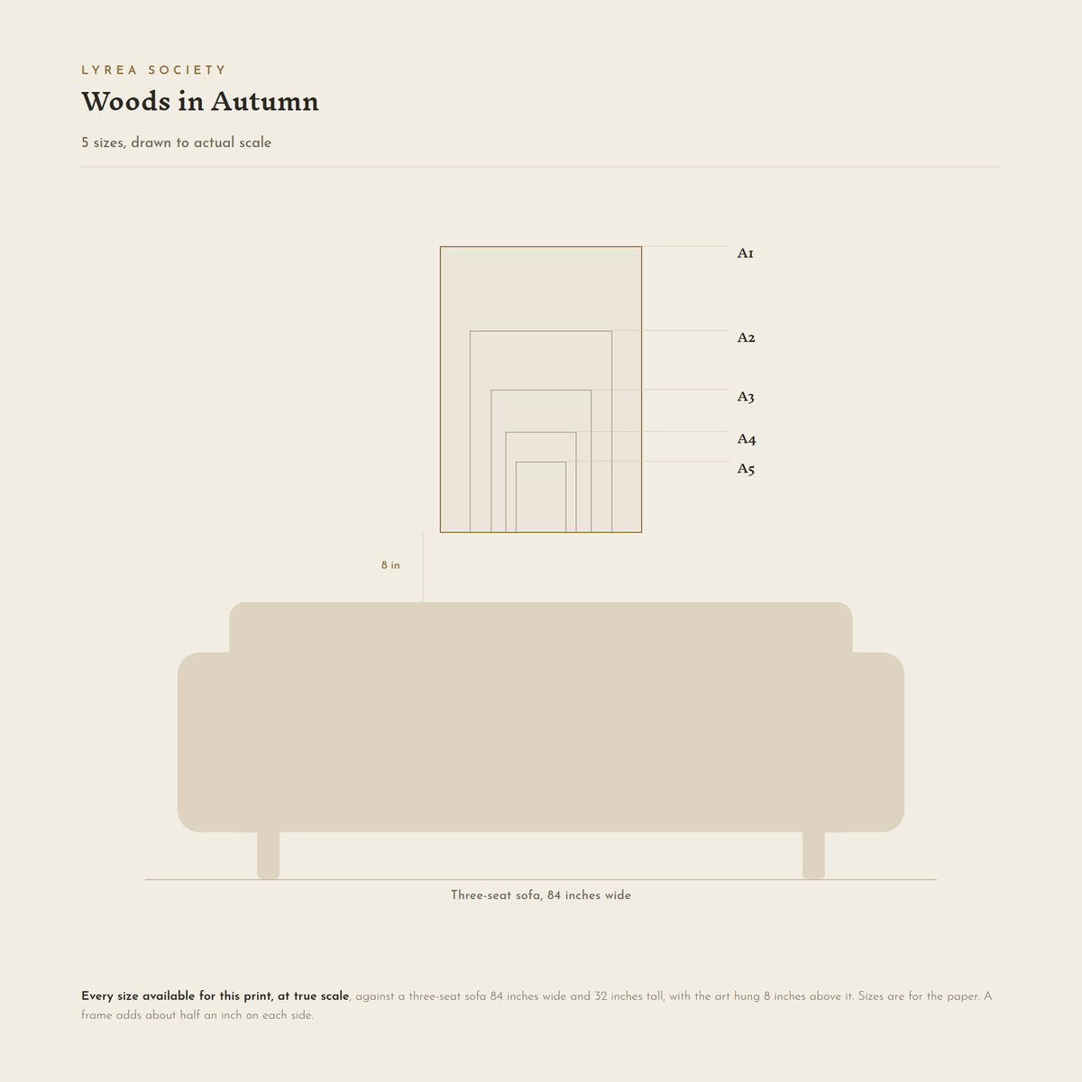 Size guide for Woods in Autumn: all 5 print sizes from A5 to A1, drawn to true scale against a three-seat sofa 84 inches wide.