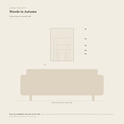 Size guide for Woods in Autumn: all 5 print sizes from A5 to A1, drawn to true scale against a three-seat sofa 84 inches wide.