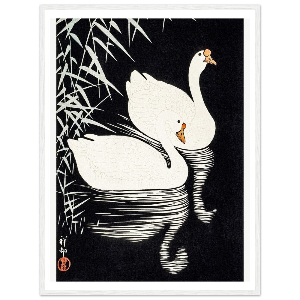 White Chinese Geese | Classic Semi - Glossy Paper Wooden Framed Poster - Lyrea